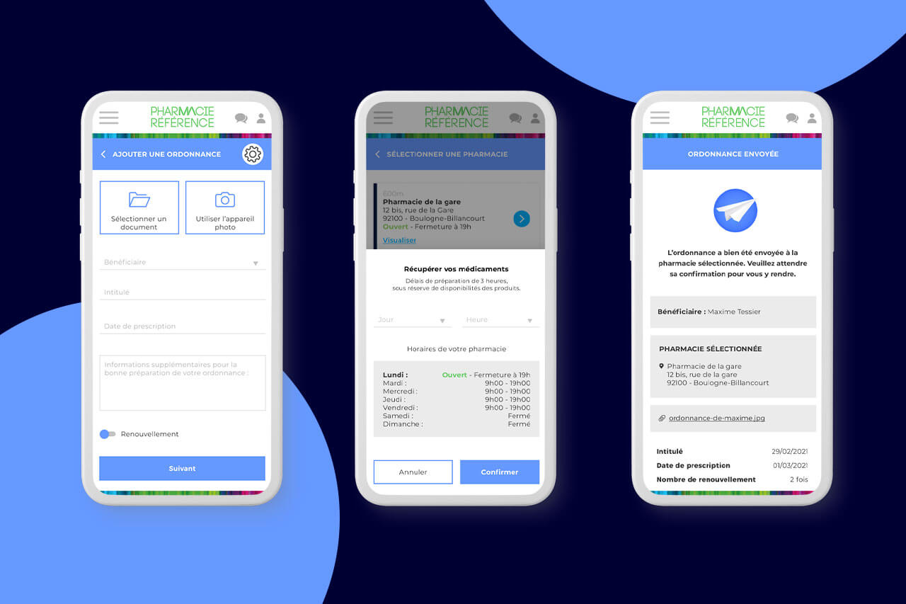 Pharmacie Référence Groupe - Parcours UI/UX ordonnance application mobile iOS et Android