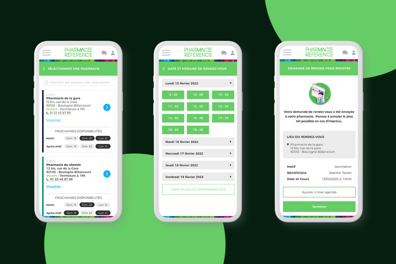 Pharmacie Référence Groupe - Parcours utilisateur prise de rendez-vous application mobile iOS et Android